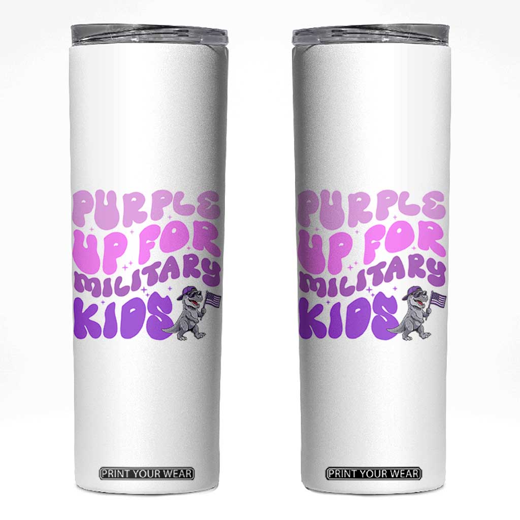 Purple Up For Military Kids Skinny Tumbler Groovy Dino Dinosaur Military Child Month TS10 White Print Your Wear