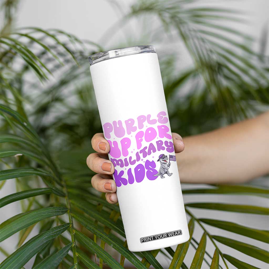 Purple Up For Military Kids Skinny Tumbler Groovy Dino Dinosaur Military Child Month TS10 Print Your Wear