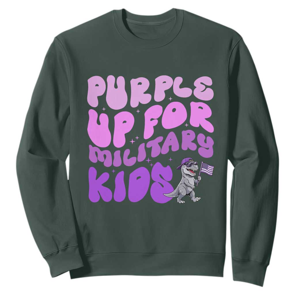 Purple Up For Military Kids Sweatshirt Groovy Dino Dinosaur Military Child Month TS10 Dark Forest Green Print Your Wear