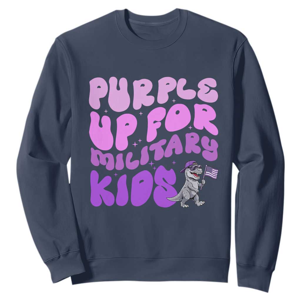 Purple Up For Military Kids Sweatshirt Groovy Dino Dinosaur Military Child Month TS10 Navy Print Your Wear
