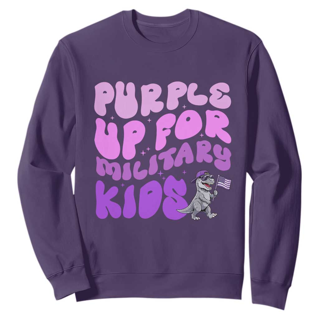Purple Up For Military Kids Sweatshirt Groovy Dino Dinosaur Military Child Month TS10 Purple Print Your Wear