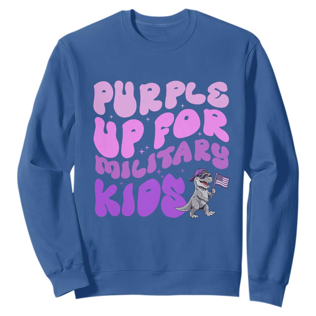 Purple Up For Military Kids Sweatshirt Groovy Dino Dinosaur Military Child Month TS10 Royal Blue Print Your Wear