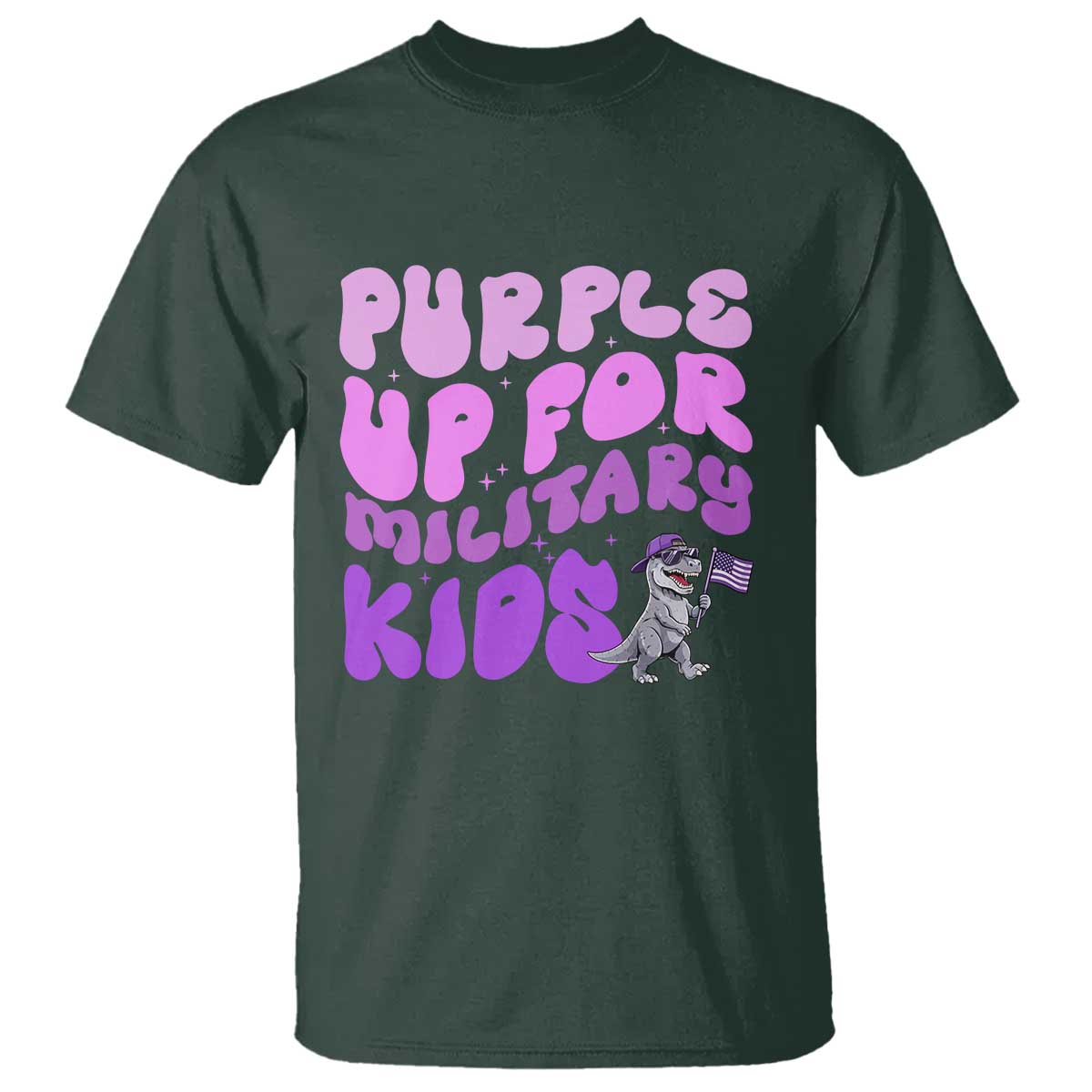 Purple Up For Military Kids T Shirt Groovy Dino Dinosaur Military Child Month TS10 Dark Forest Green Print Your Wear
