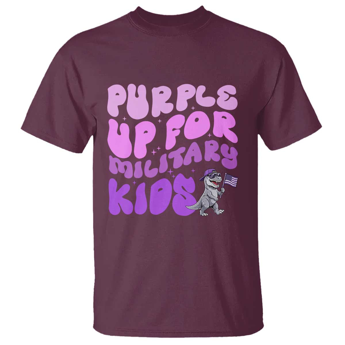 Purple Up For Military Kids T Shirt Groovy Dino Dinosaur Military Child Month TS10 Maroon Print Your Wear