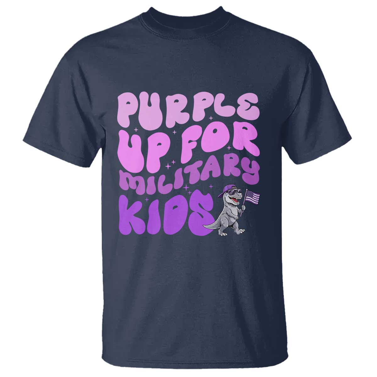Purple Up For Military Kids T Shirt Groovy Dino Dinosaur Military Child Month TS10 Navy Print Your Wear