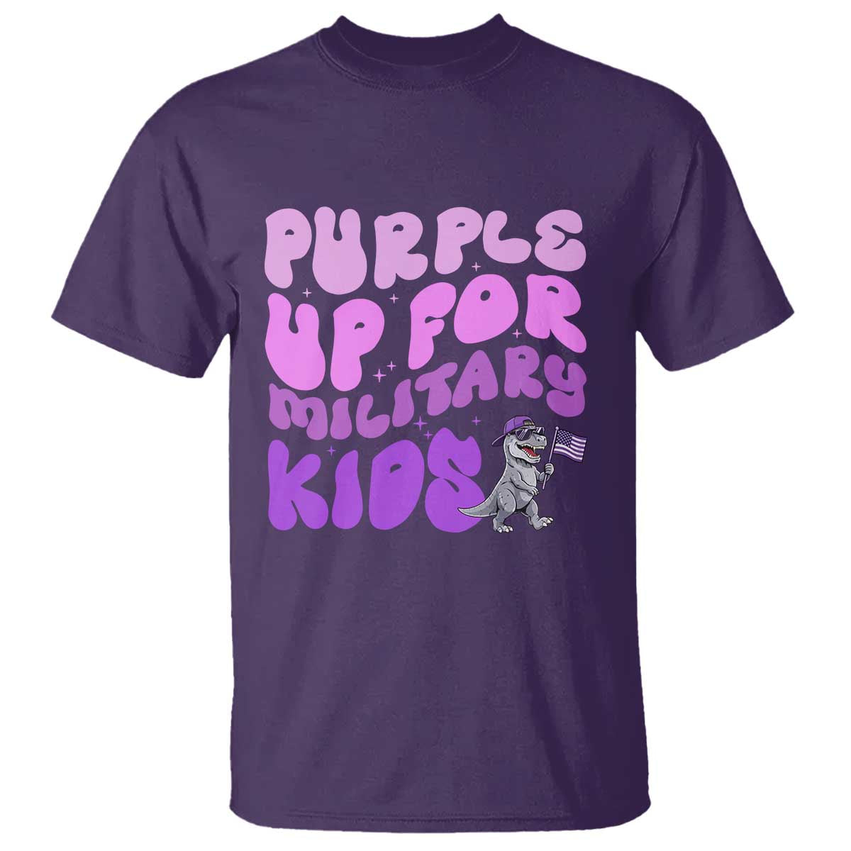 Purple Up For Military Kids T Shirt Groovy Dino Dinosaur Military Child Month TS10 Purple Print Your Wear