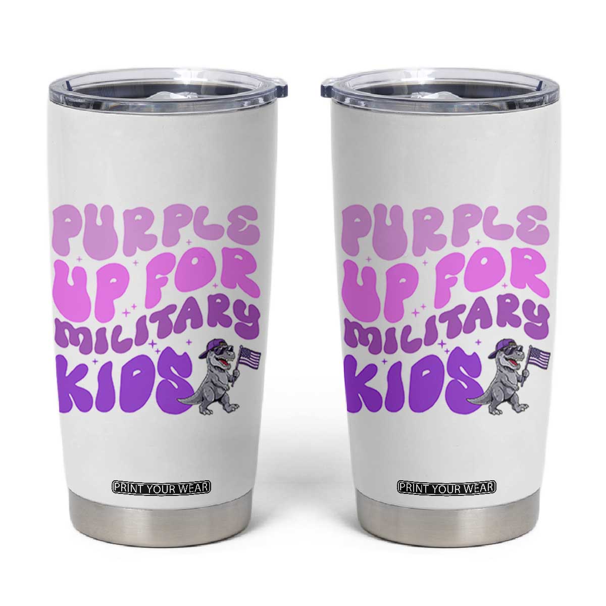 Purple Up For Military Kids Tumbler Cup Groovy Dino Dinosaur Military Child Month TS10 White Print Your Wear