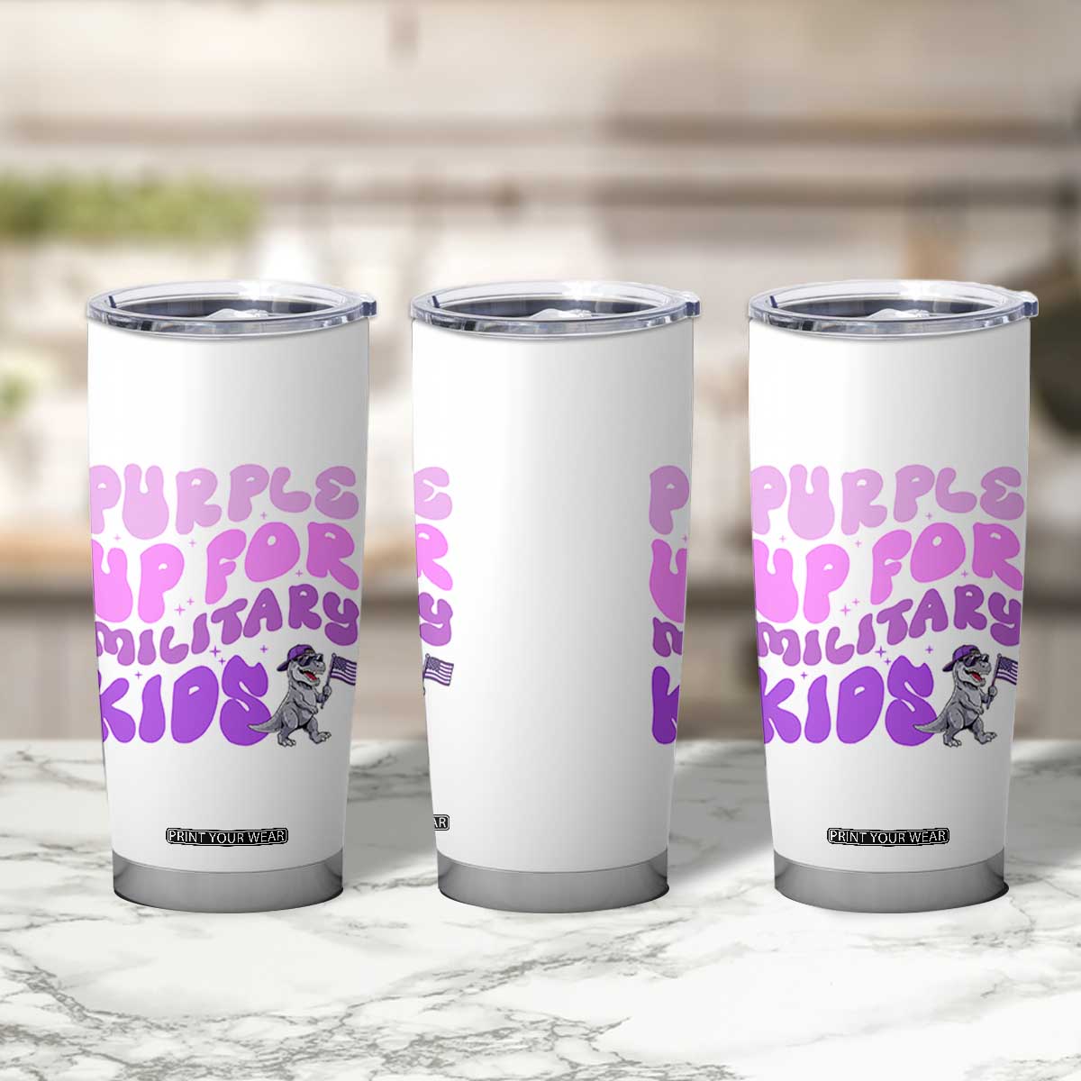 Purple Up For Military Kids Tumbler Cup Groovy Dino Dinosaur Military Child Month TS10 Print Your Wear