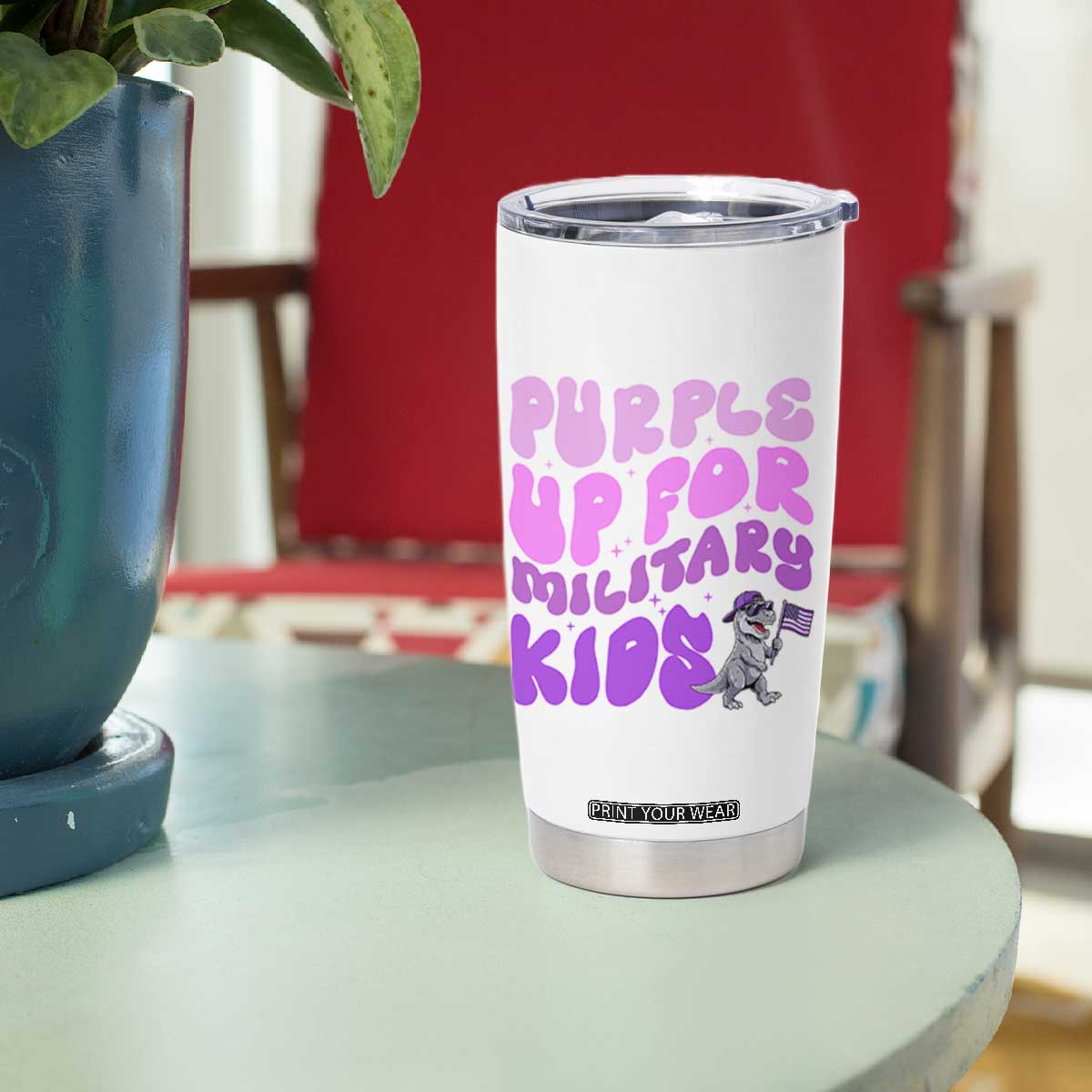Purple Up For Military Kids Tumbler Cup Groovy Dino Dinosaur Military Child Month TS10 Print Your Wear