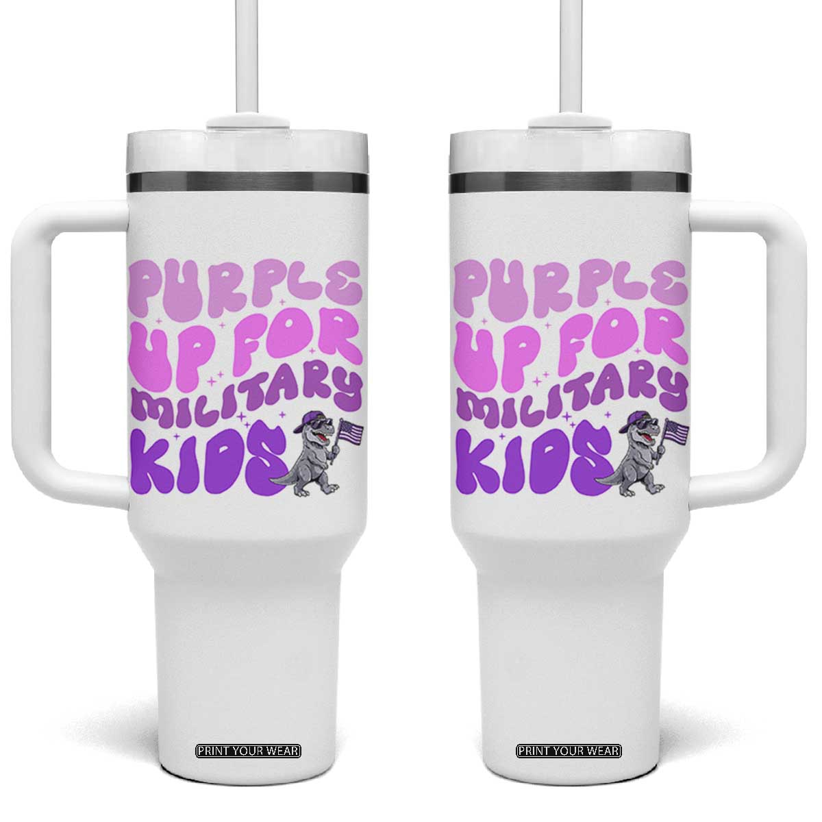 Purple Up For Military Kids Tumbler With Handle Groovy Dino Dinosaur Military Child Month TS10 One Size: 40 oz White Print Your Wear