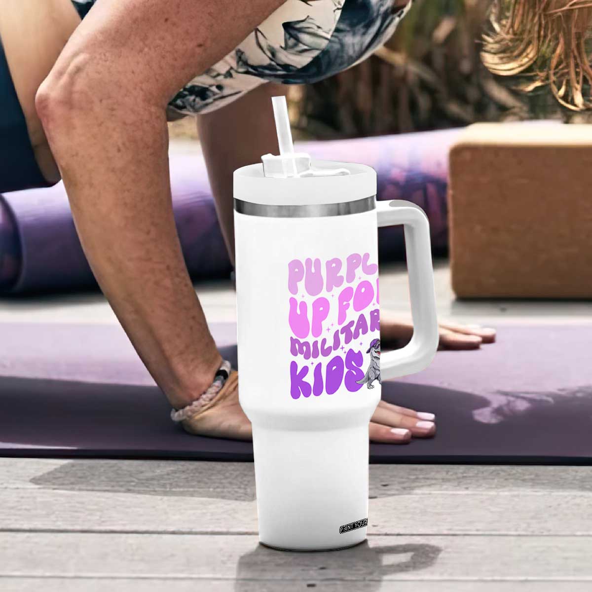Purple Up For Military Kids Tumbler With Handle Groovy Dino Dinosaur Military Child Month TS10 Print Your Wear