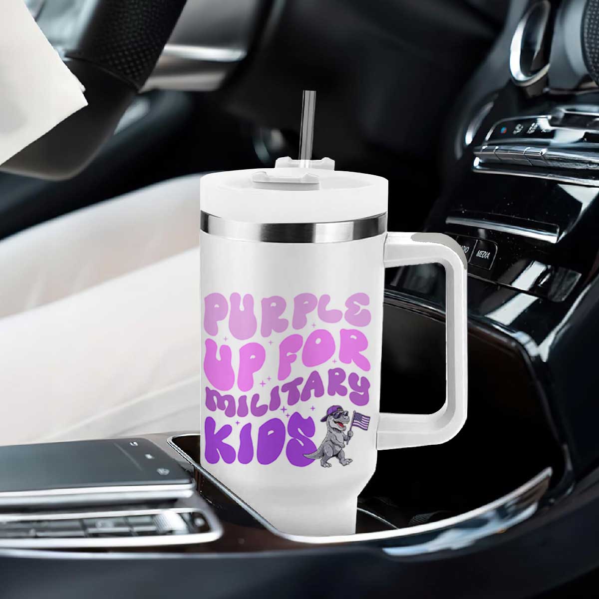 Purple Up For Military Kids Tumbler With Handle Groovy Dino Dinosaur Military Child Month TS10 Print Your Wear