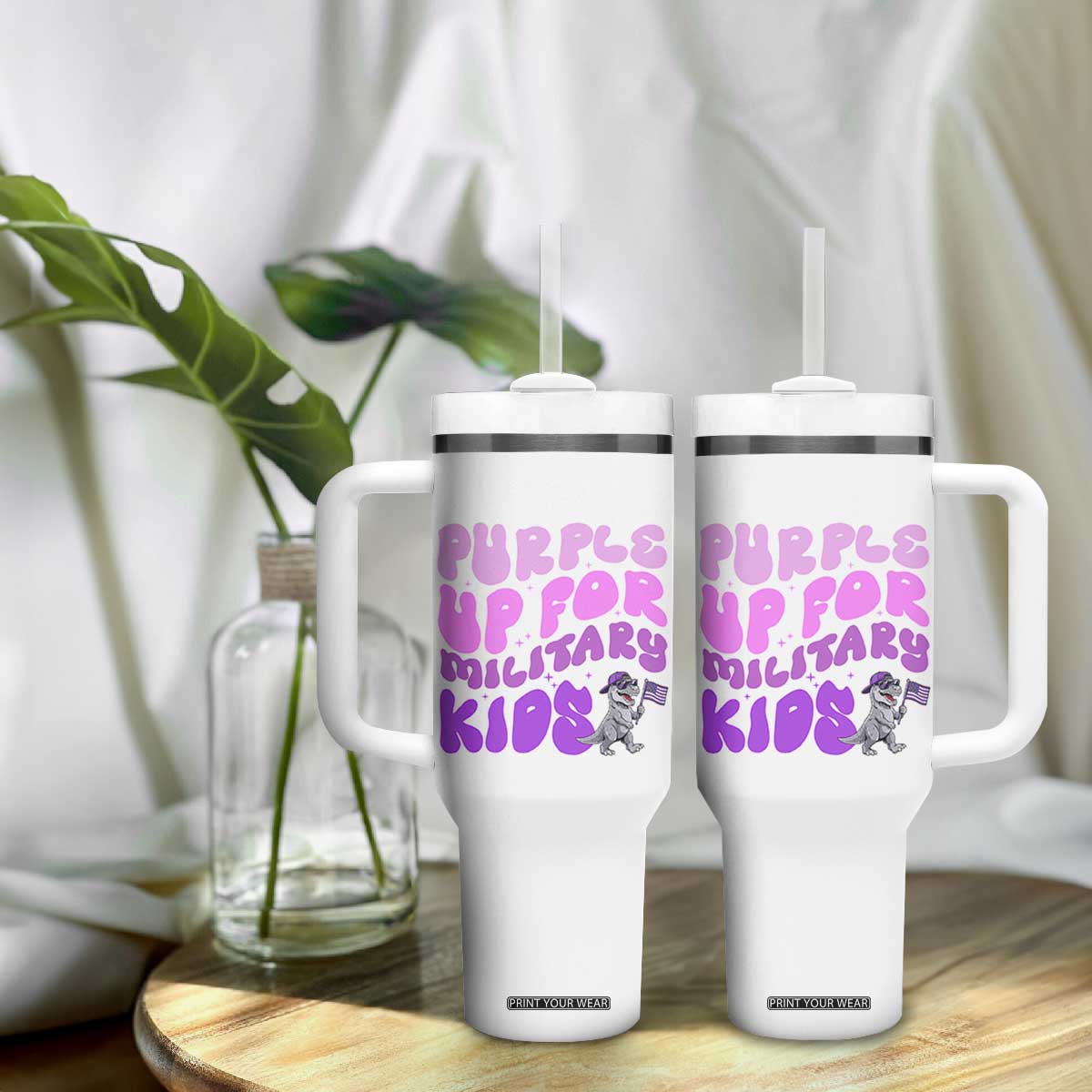 Purple Up For Military Kids Tumbler With Handle Groovy Dino Dinosaur Military Child Month TS10 Print Your Wear