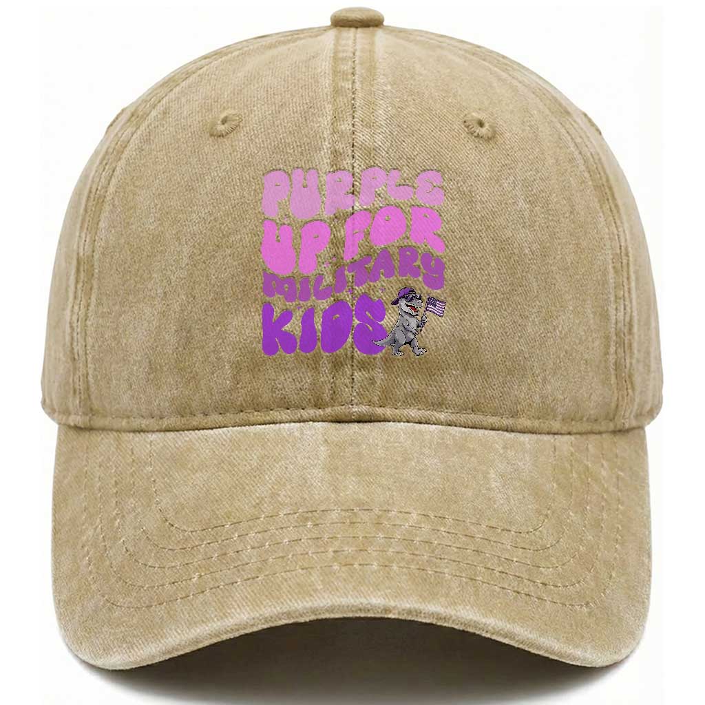Purple Up For Military Kids Washed Cotton Baseball Cap Groovy Dino Dinosaur Military Child Month TS10 Washed Cap Universal Fit Khaki Print Your Wear