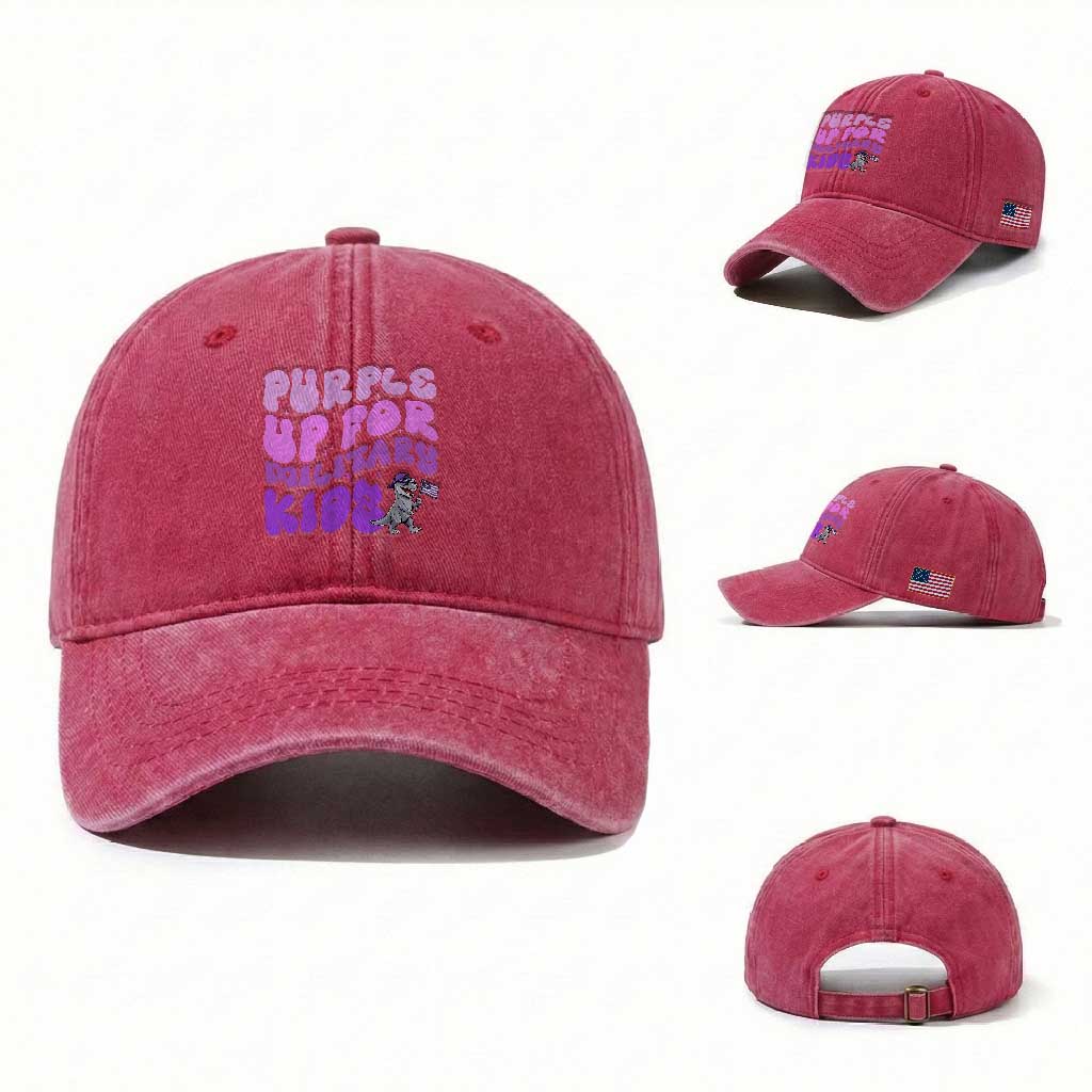 Purple Up For Military Kids Washed Cotton Baseball Cap Groovy Dino Dinosaur Military Child Month TS10 Washed Cap Universal Fit Red Print Your Wear