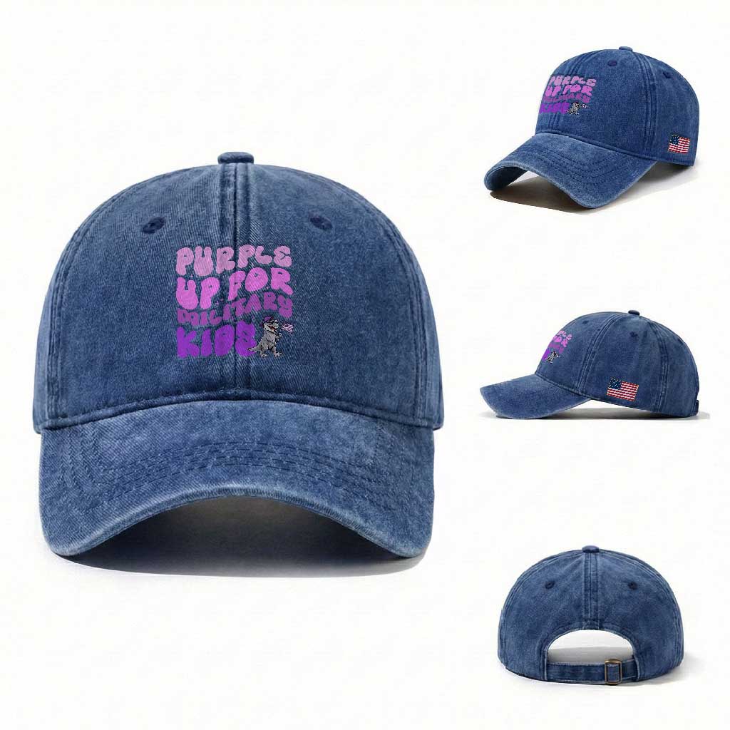 Purple Up For Military Kids Washed Cotton Baseball Cap Groovy Dino Dinosaur Military Child Month TS10 Washed Cap Universal Fit Royal Blue Print Your Wear