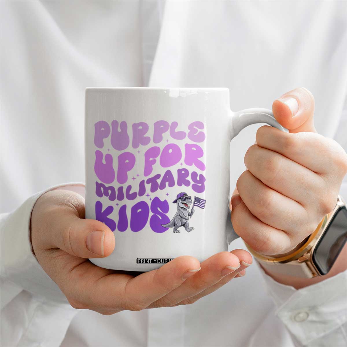 Purple Up For Military Kids Coffee Mug Groovy Dino Dinosaur Military Child Month TS10 Print Your Wear