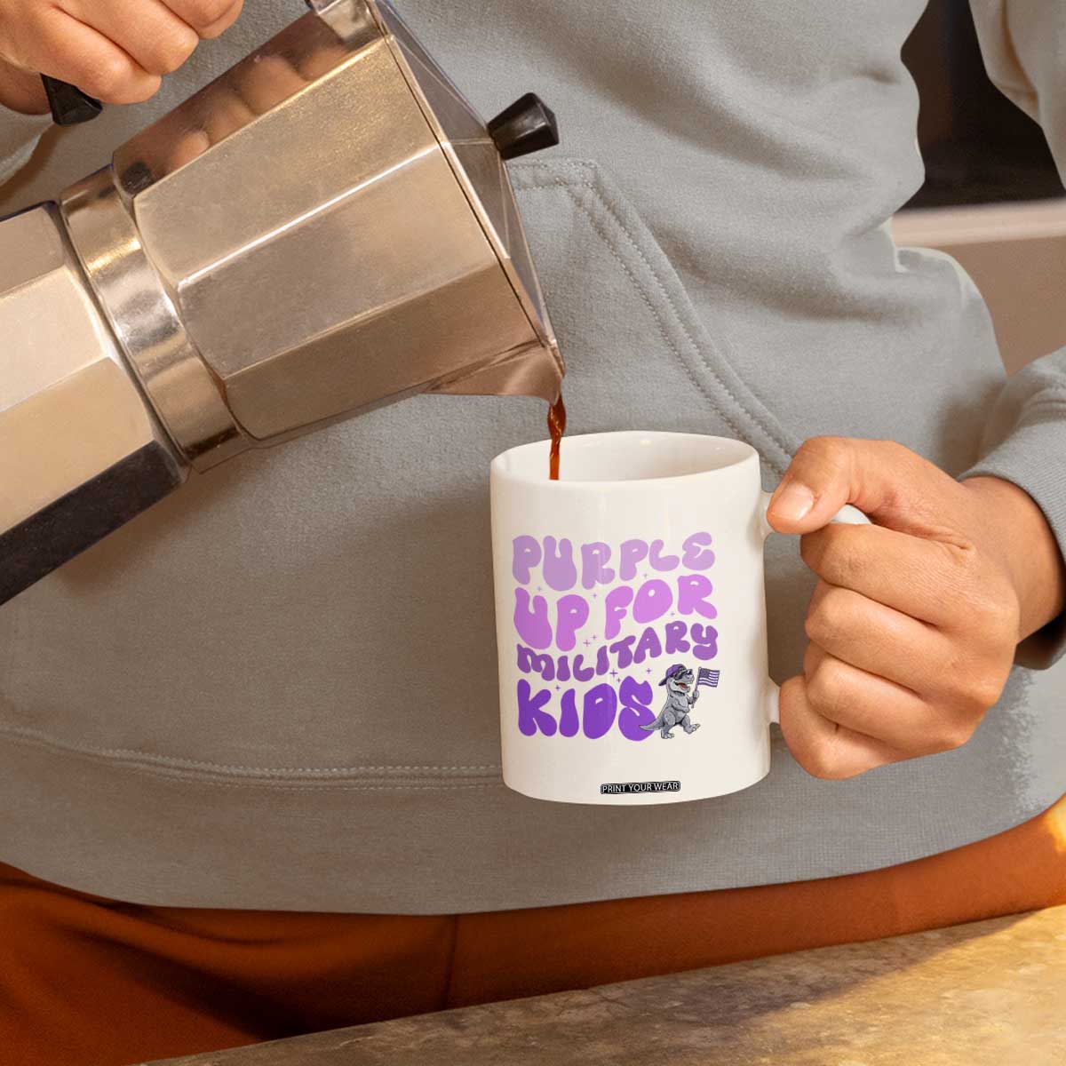 Purple Up For Military Kids Coffee Mug Groovy Dino Dinosaur Military Child Month TS10 Print Your Wear