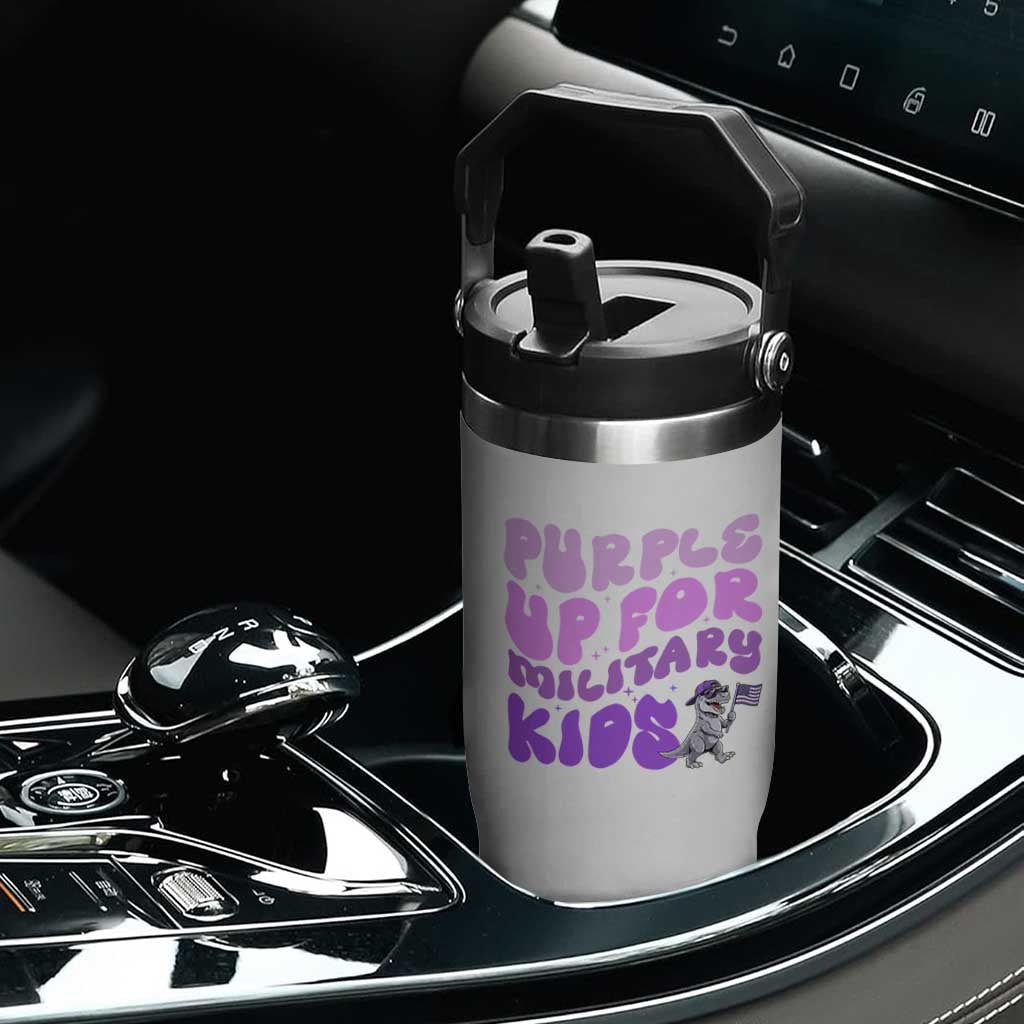 Purple Up For Military Kids Flip Straw Tumbler Groovy Dino Dinosaur Military Child Month TS10 Print Your Wear