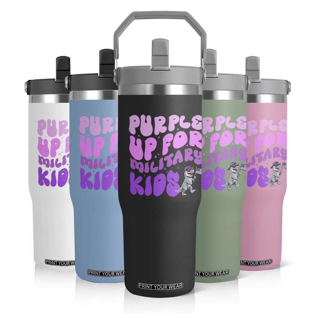 Purple Up For Military Kids Flip Straw Tumbler Groovy Dino Dinosaur Military Child Month TS10 Print Your Wear