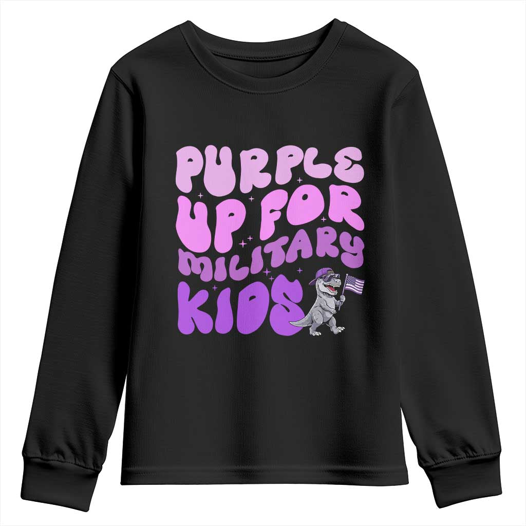 Purple Up For Military Kids Youth Sweatshirt Groovy Dino Dinosaur Military Child Month TS10 Black Print Your Wear