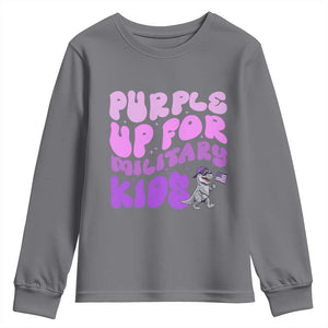 Purple Up For Military Kids Youth Sweatshirt Groovy Dino Dinosaur Military Child Month TS10 Charcoal Print Your Wear