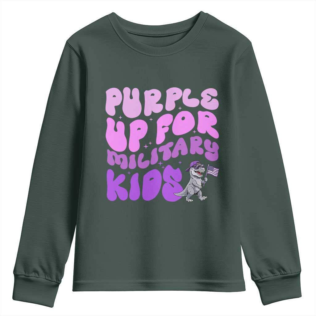 Purple Up For Military Kids Youth Sweatshirt Groovy Dino Dinosaur Military Child Month TS10 Dark Forest Green Print Your Wear