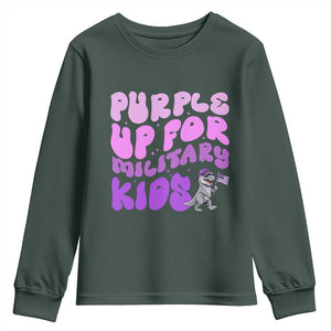 Purple Up For Military Kids Youth Sweatshirt Groovy Dino Dinosaur Military Child Month TS10 Dark Forest Green Print Your Wear
