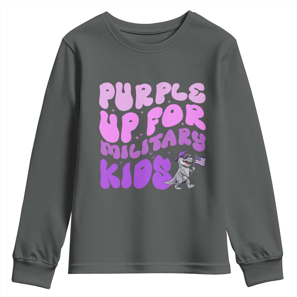 Purple Up For Military Kids Youth Sweatshirt Groovy Dino Dinosaur Military Child Month TS10 Dark Heather Print Your Wear