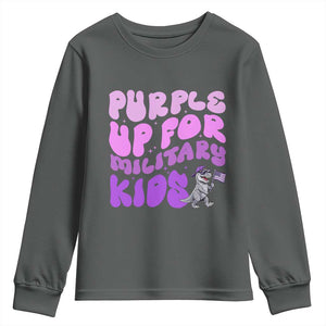 Purple Up For Military Kids Youth Sweatshirt Groovy Dino Dinosaur Military Child Month TS10 Dark Heather Print Your Wear