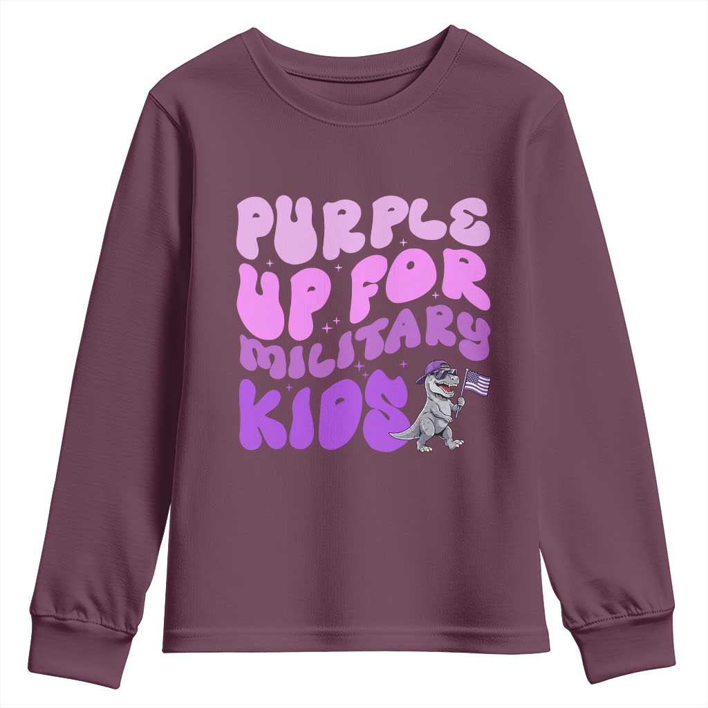 Purple Up For Military Kids Youth Sweatshirt Groovy Dino Dinosaur Military Child Month TS10 Maroon Print Your Wear