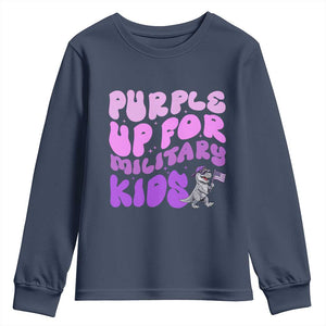 Purple Up For Military Kids Youth Sweatshirt Groovy Dino Dinosaur Military Child Month TS10 Navy Print Your Wear
