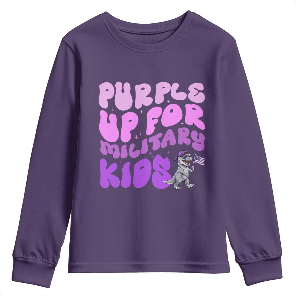 Purple Up For Military Kids Youth Sweatshirt Groovy Dino Dinosaur Military Child Month TS10 Purple Print Your Wear