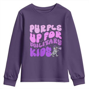 Purple Up For Military Kids Youth Sweatshirt Groovy Dino Dinosaur Military Child Month TS10 Purple Print Your Wear