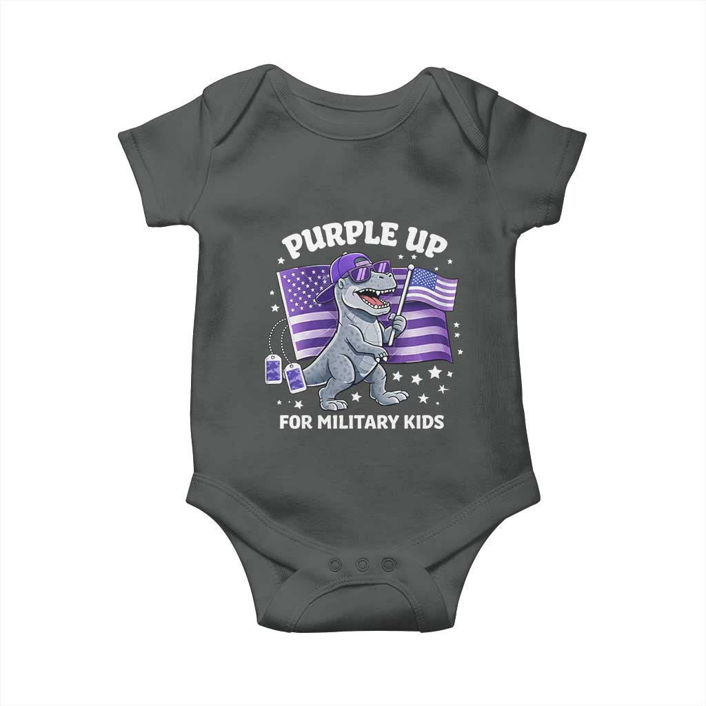 Dinosaur Military Kids Baby Onesie Purple Up For Military Child Month Patriotic USA Flag TS10 Dark Heather Print Your Wear