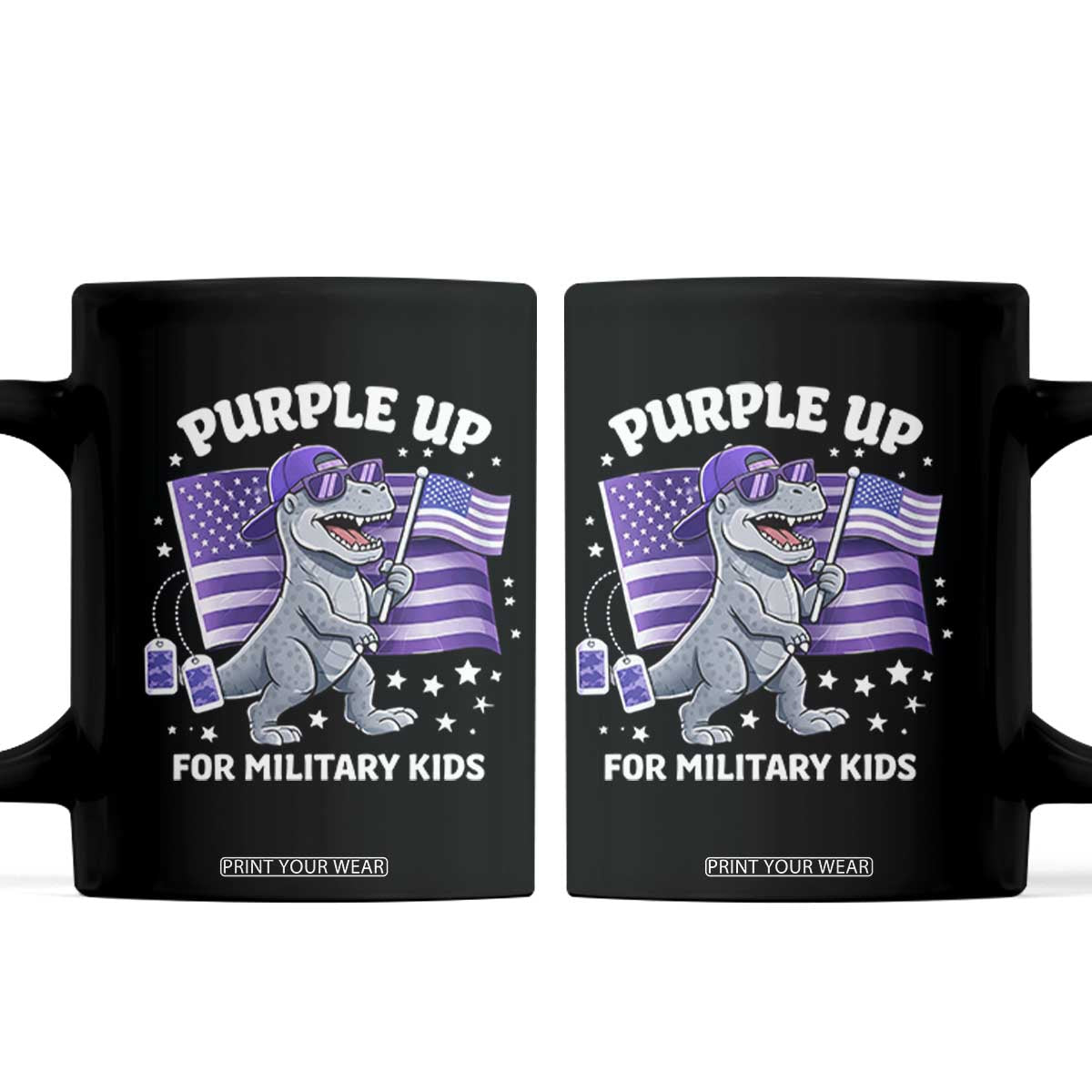 Dinosaur Military Kids Coffee Mug Purple Up For Military Child Month Patriotic USA Flag TS10 Black Print Your Wear