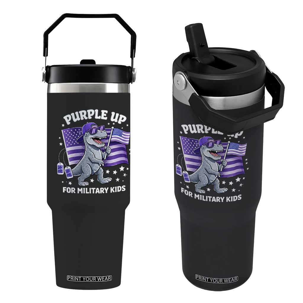 Dinosaur Military Kids Flip Straw Tumbler Purple Up For Military Child Month Patriotic USA Flag TS10 One Size: 30 oz Black Print Your Wear