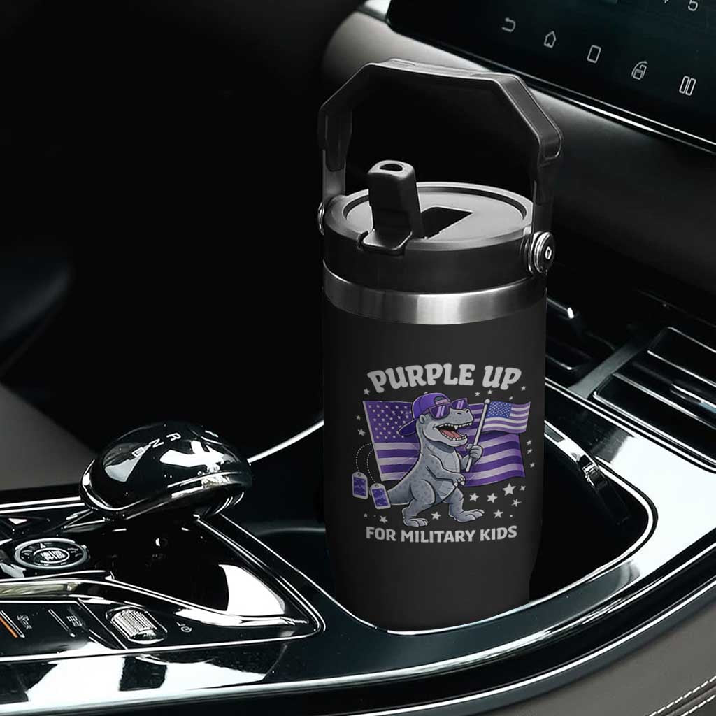 Dinosaur Military Kids Flip Straw Tumbler Purple Up For Military Child Month Patriotic USA Flag TS10 Print Your Wear