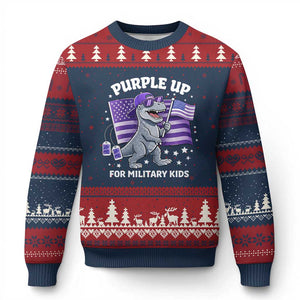 Dinosaur Military Kids Ugly Christmas Sweater Purple Up For Military Child Month Patriotic USA Flag TS10 Navy Red Print Your Wear