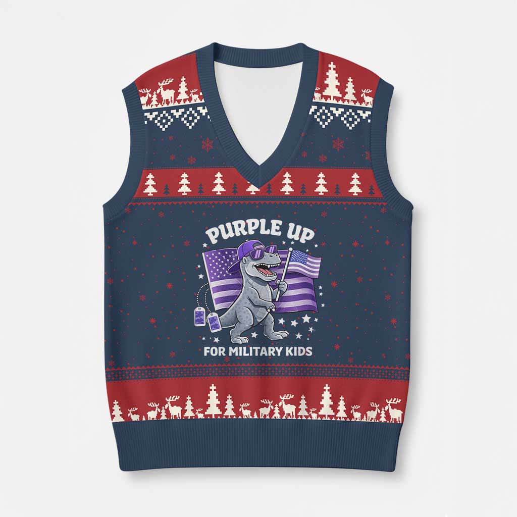 Dinosaur Military Kids V-Neck Knit Sweater Vest Purple Up For Military Child Month Patriotic USA Flag TS10 Navy Red Print Your Wear