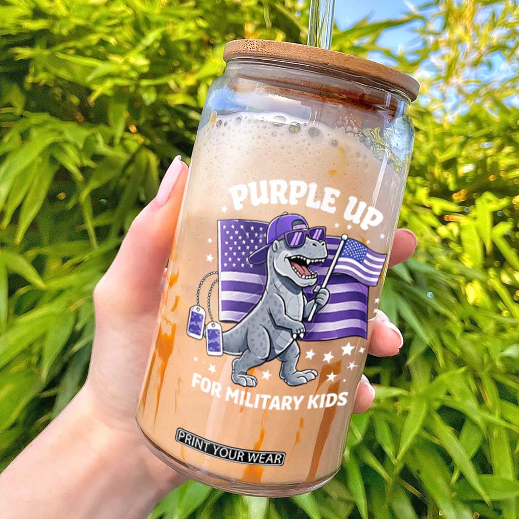 Dinosaur Military Kids Glass Can Purple Up For Military Child Month Patriotic USA Flag TS10 Black Print Your Wear