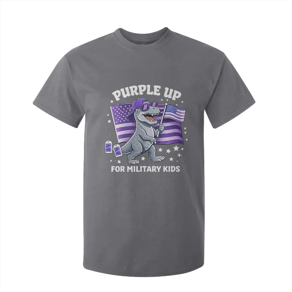 Dinosaur Military Kids T Shirt For Kid Purple Up For Military Child Month Patriotic USA Flag TS10 Charcoal Print Your Wear