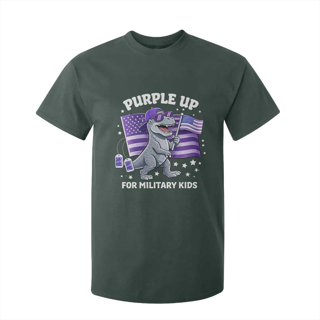 Dinosaur Military Kids T Shirt For Kid Purple Up For Military Child Month Patriotic USA Flag TS10 Dark Forest Green Print Your Wear
