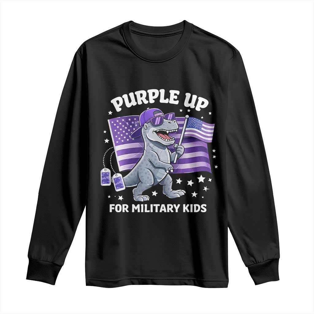 Dinosaur Military Kids Long Sleeve Shirt Purple Up For Military Child Month Patriotic USA Flag TS10 Black Print Your Wear