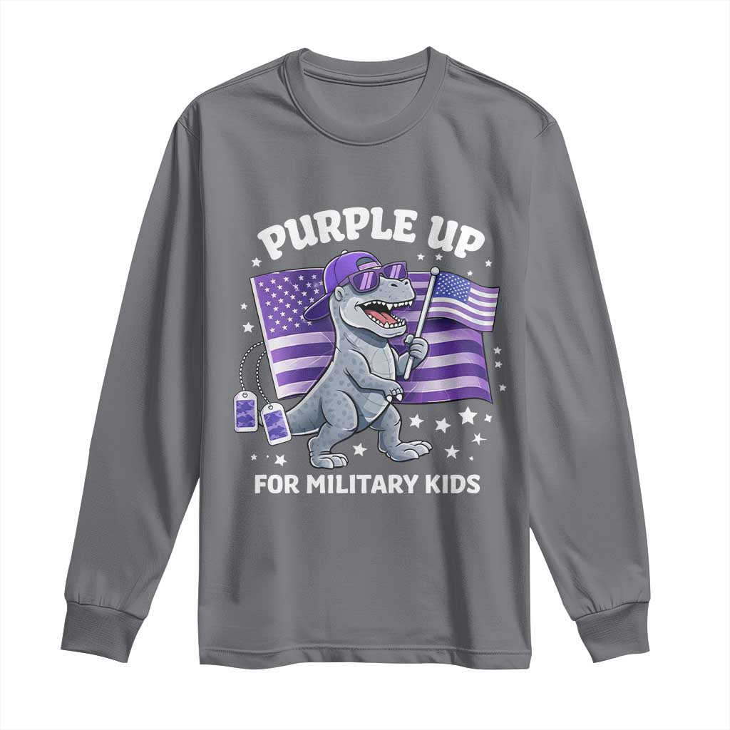 Dinosaur Military Kids Long Sleeve Shirt Purple Up For Military Child Month Patriotic USA Flag TS10 Charcoal Print Your Wear