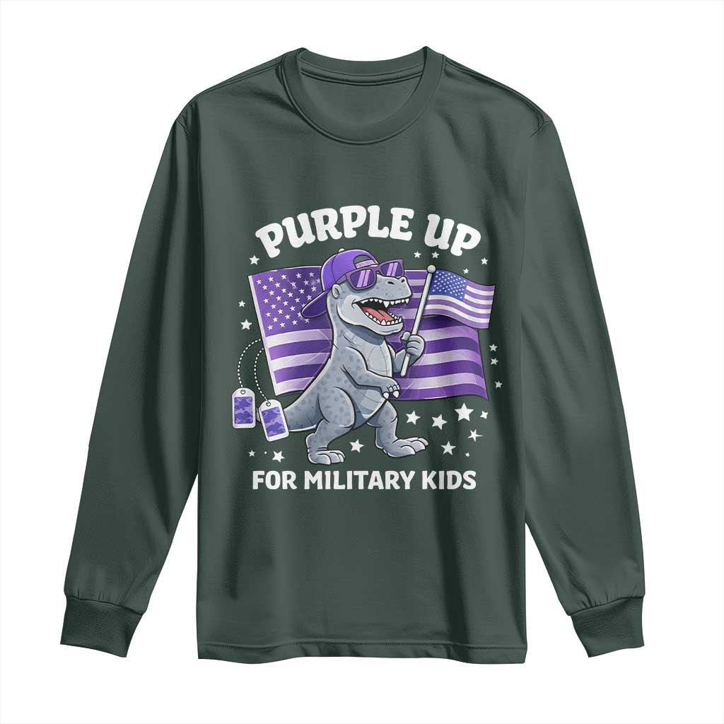 Dinosaur Military Kids Long Sleeve Shirt Purple Up For Military Child Month Patriotic USA Flag TS10 Dark Forest Green Print Your Wear