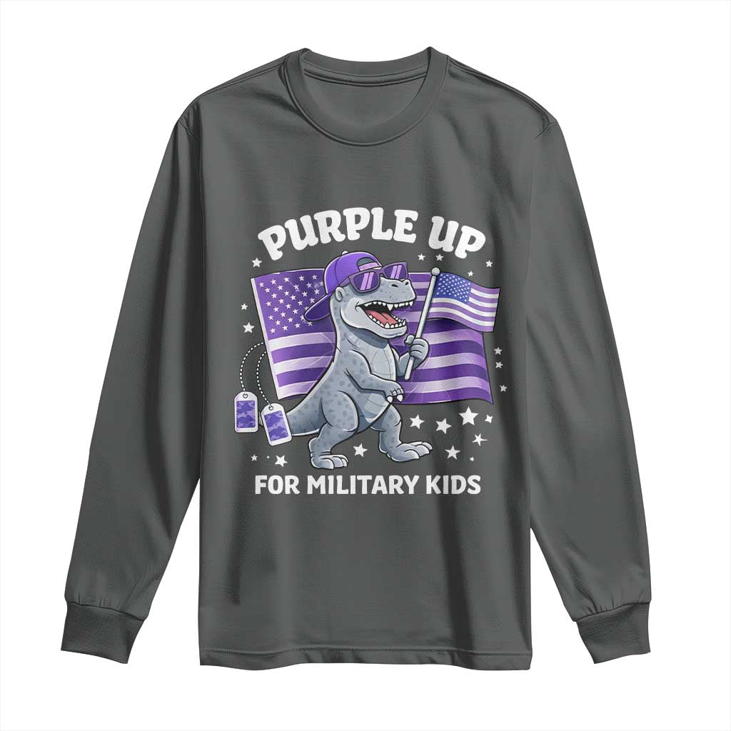 Dinosaur Military Kids Long Sleeve Shirt Purple Up For Military Child Month Patriotic USA Flag TS10 Dark Heather Print Your Wear