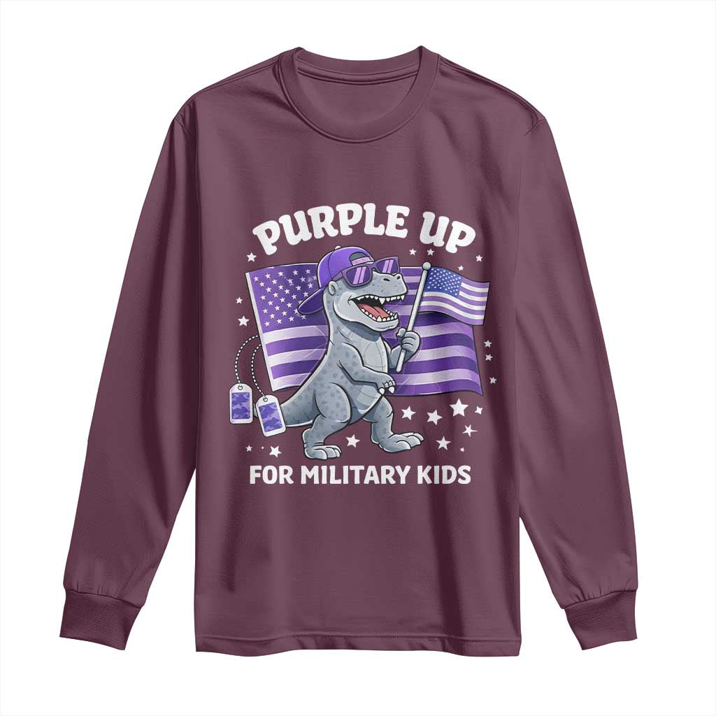 Dinosaur Military Kids Long Sleeve Shirt Purple Up For Military Child Month Patriotic USA Flag TS10 Maroon Print Your Wear