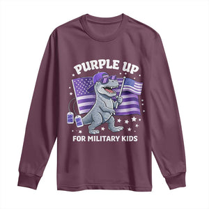 Dinosaur Military Kids Long Sleeve Shirt Purple Up For Military Child Month Patriotic USA Flag TS10 Maroon Print Your Wear