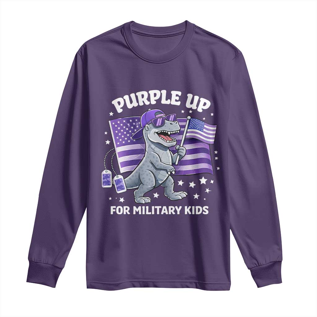 Dinosaur Military Kids Long Sleeve Shirt Purple Up For Military Child Month Patriotic USA Flag TS10 Purple Print Your Wear